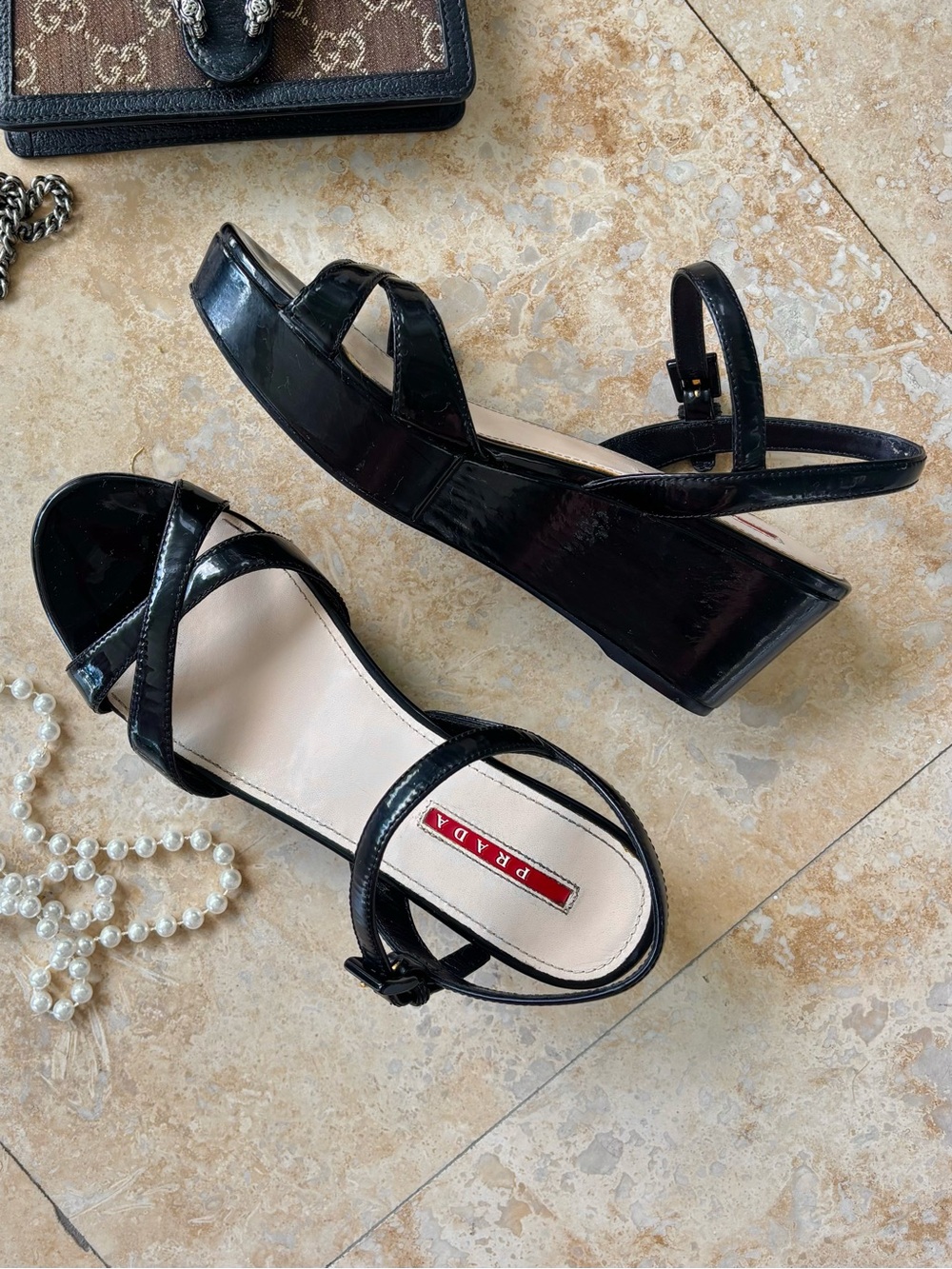 PRADA Black Patent Leather Platform Wedge Sandals EU 37 Italy Y2K 2000s Party